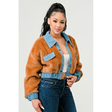 CASUAL DENIM CONTRAST FUR CROP JACKET