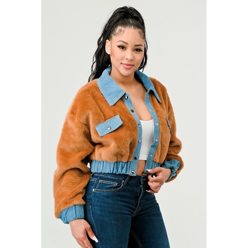 CASUAL DENIM CONTRAST FUR CROP JACKET