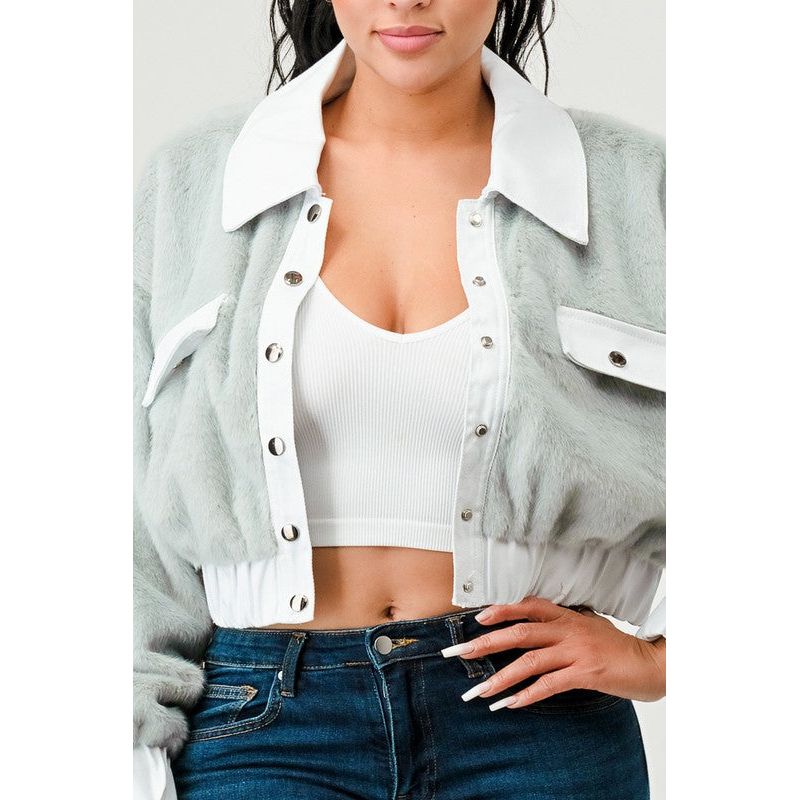 CASUAL DENIM CONTRAST FUR CROP JACKET