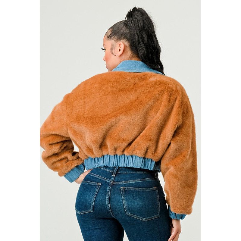 CASUAL DENIM CONTRAST FUR CROP JACKET