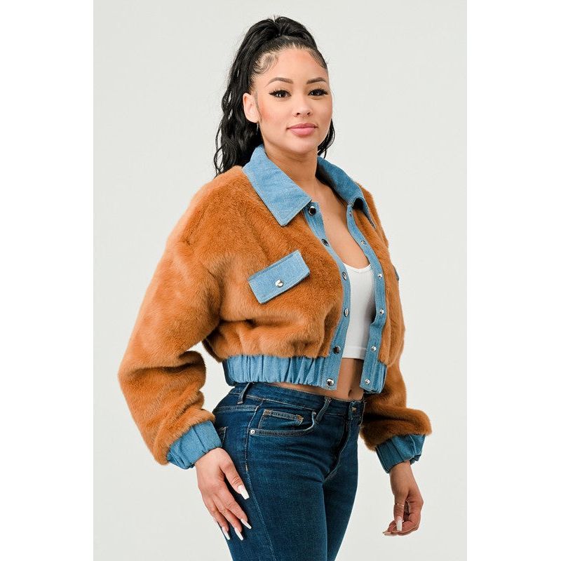 CASUAL DENIM CONTRAST FUR CROP JACKET