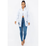 American Bazi Distressed Button Up Long Sleeve Denim Jacket- White