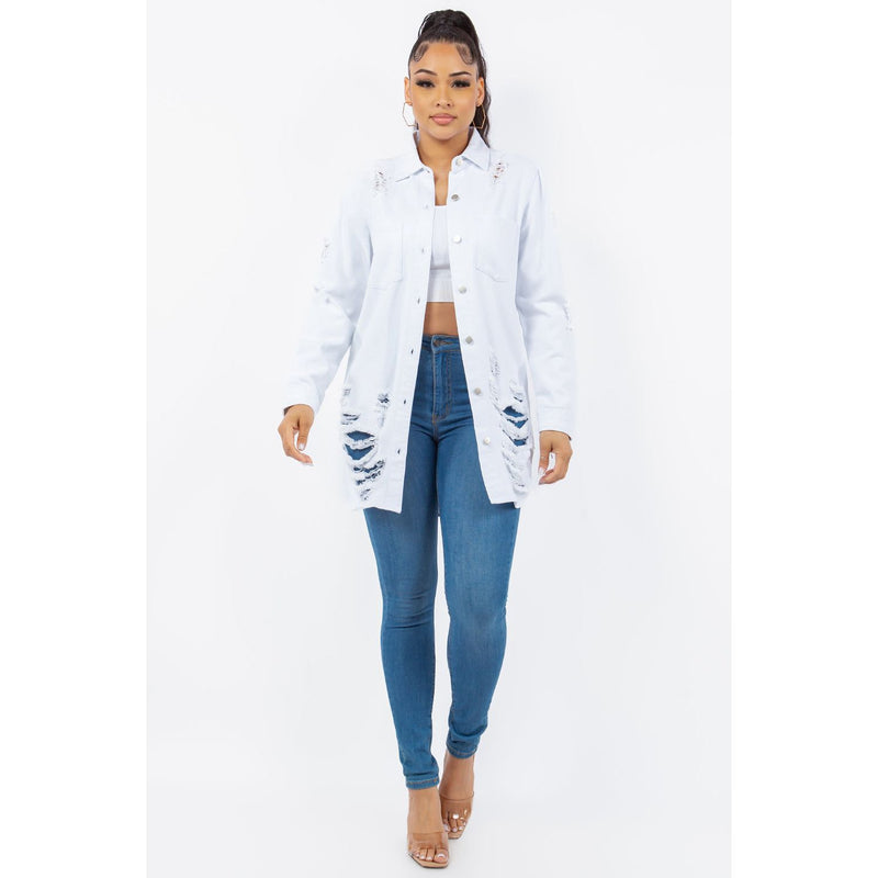 American Bazi Distressed Button Up Long Sleeve Denim Jacket- White