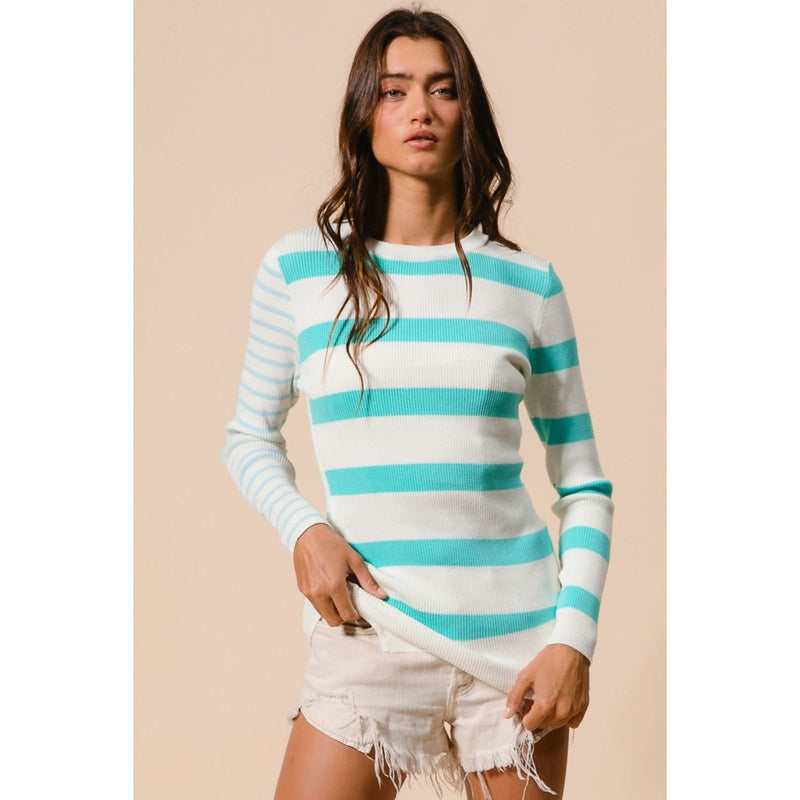 BiBi Contrast Striped Asymmetrical Hem Knit Top - Spicie's Boutique