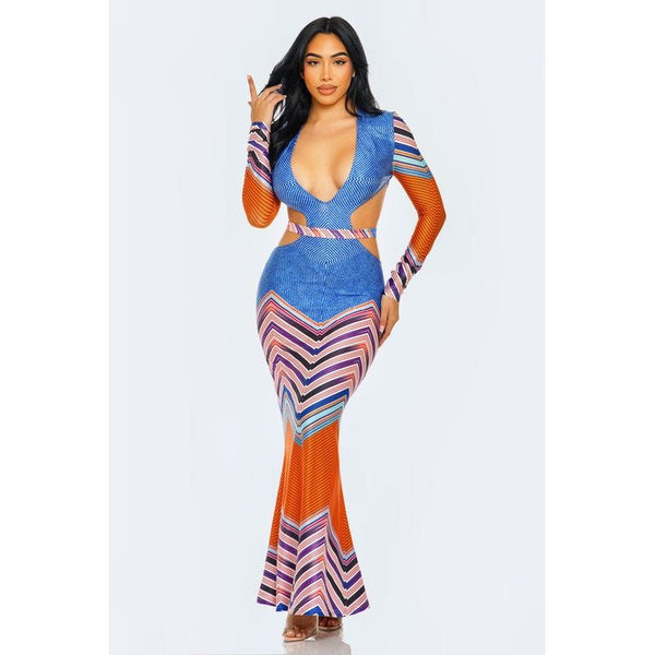 Geometric Print Plunge Neckline Maxi Dress - Spicie's Boutique