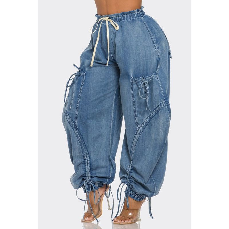 Urban Chic Drawstring Denim Cargo Pants- PLUS SIZE