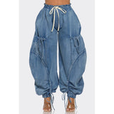 Urban Chic Drawstring Denim Cargo Pants- PLUS SIZE