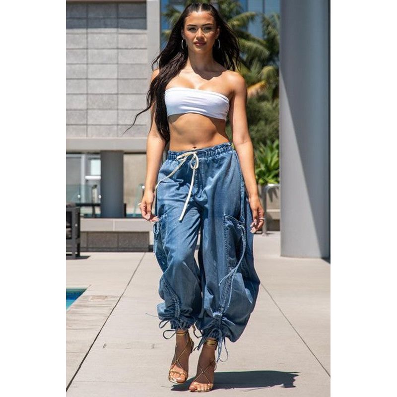 Urban Chic Drawstring Denim Cargo Pants- PLUS SIZE