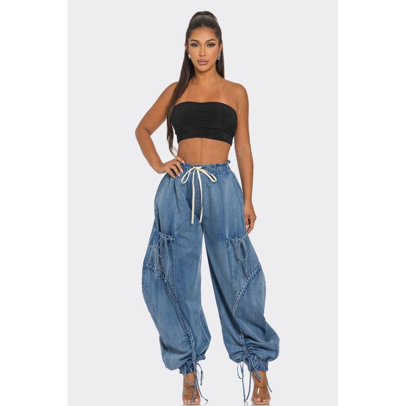 Urban Chic Drawstring Denim Cargo Pants- PLUS SIZE