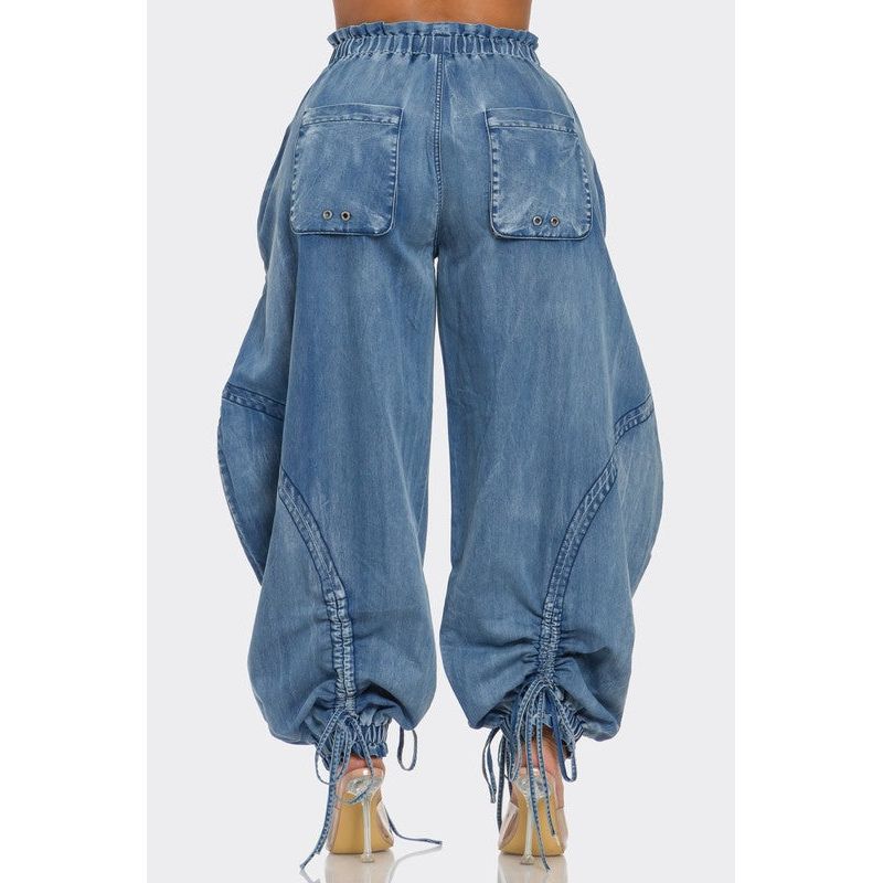 Urban Chic Drawstring Denim Cargo Pants- PLUS SIZE