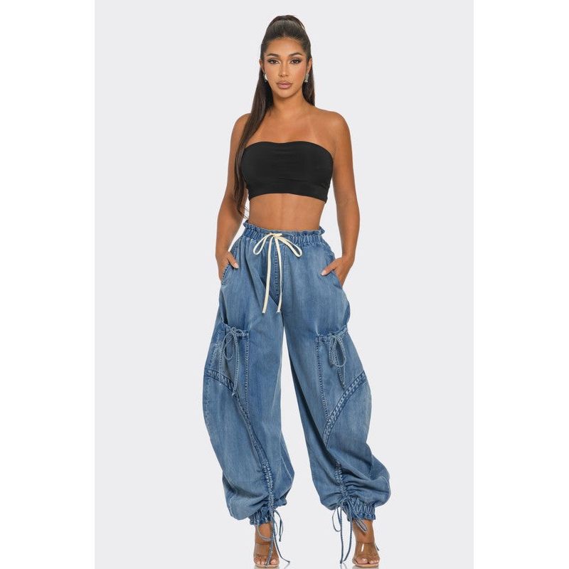 Urban Chic Drawstring Denim Cargo Pants- PLUS SIZE