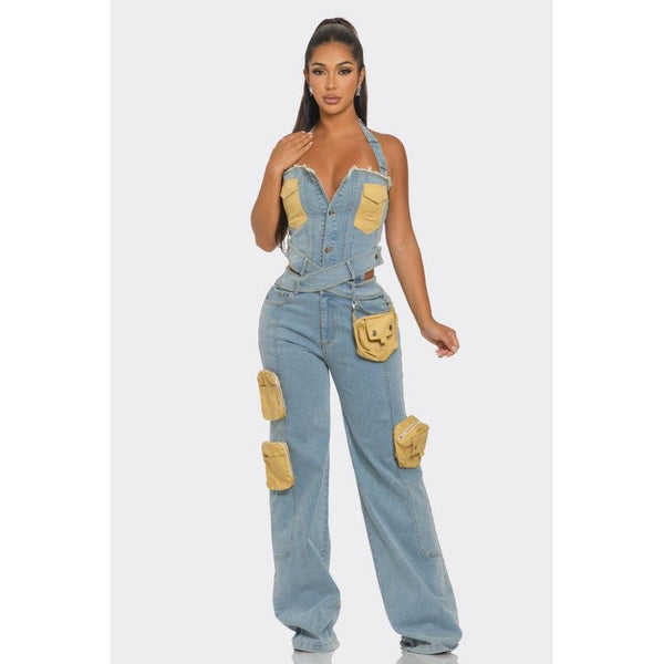 Dual-Tone Utility Denim Jumpsuit