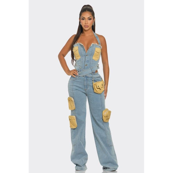 Dual-Tone Utility Denim Jumpsuit