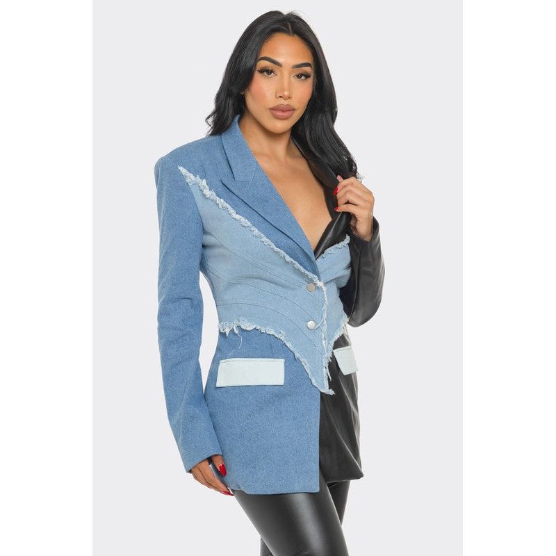 Edgy Denim and Leather Patchwork Blazer