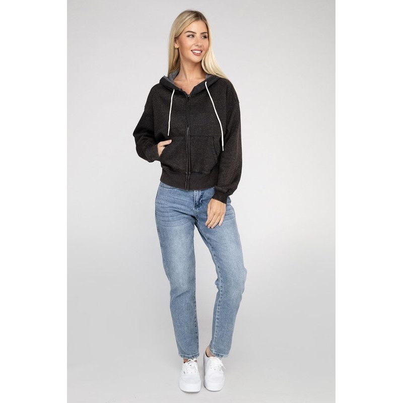 Acid Wash Fleece Cropped Zip-Up Hoodie - Spicie's Boutique