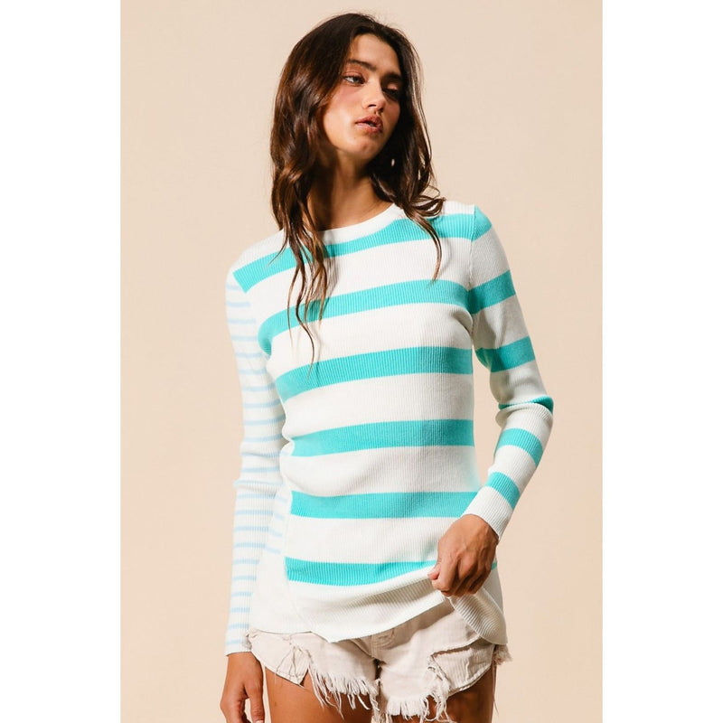 BiBi Contrast Striped Asymmetrical Hem Knit Top - Spicie's Boutique