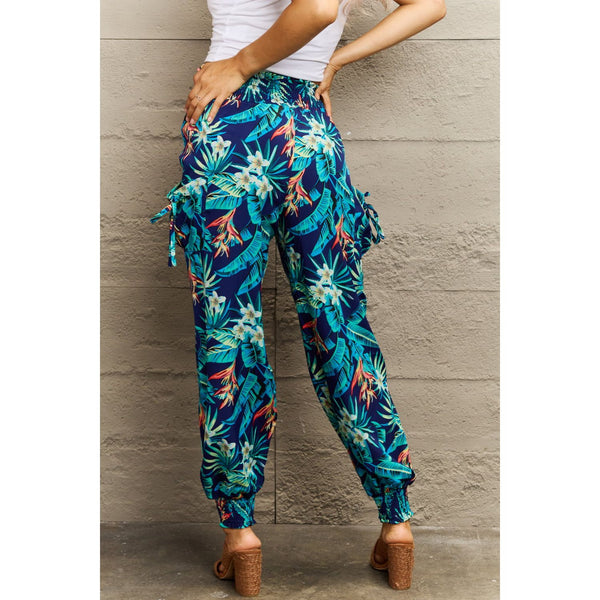 Smocked Plant Print Long Pants