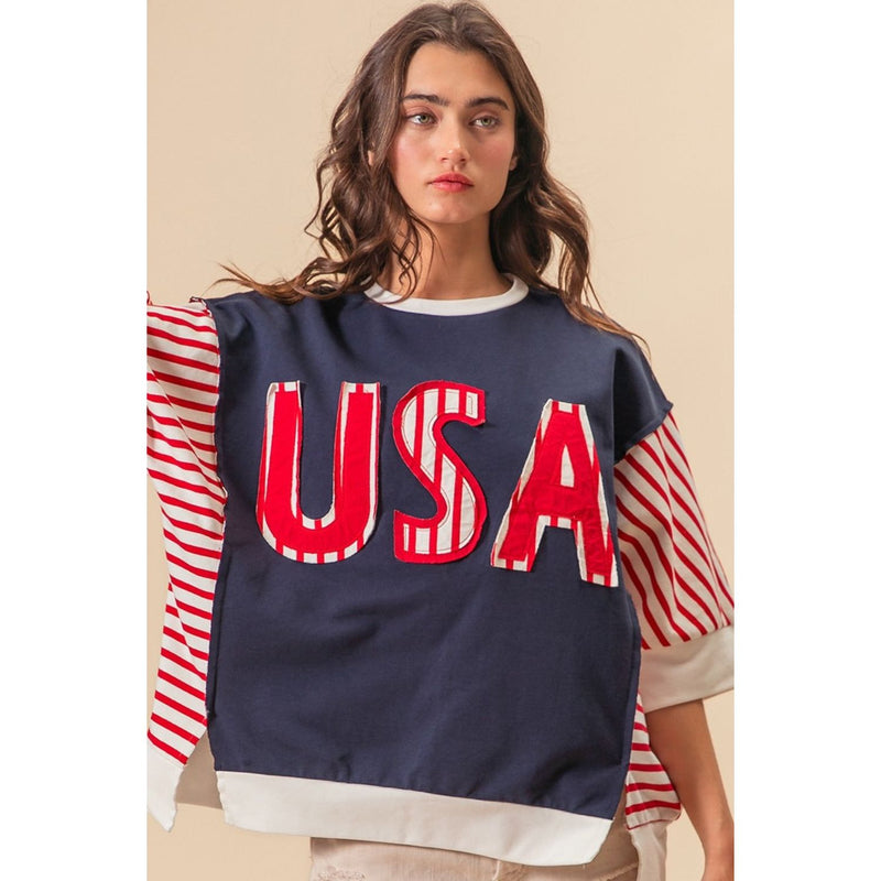 BiBi USA Letter Patchwork Contrast Short Sleeve T-Shirt - Spicie's Boutique