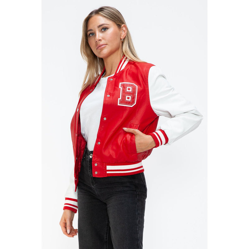 Love Me Now PU Leather Contrast Snap Down Bomber Jacket- Red