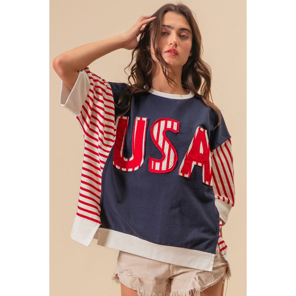BiBi USA Letter Patchwork Contrast Short Sleeve T-Shirt - Spicie's Boutique