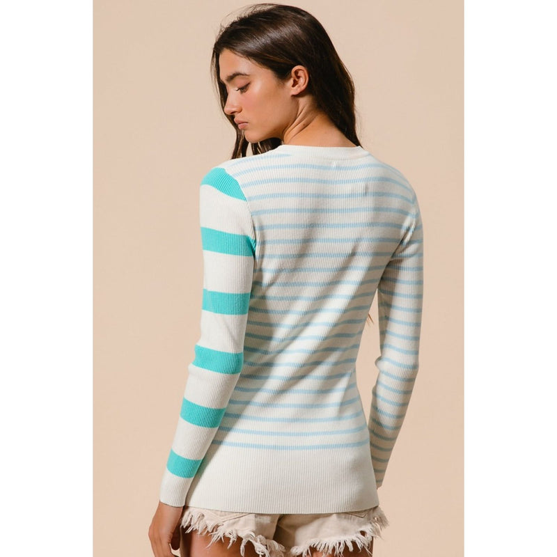BiBi Contrast Striped Asymmetrical Hem Knit Top - Spicie's Boutique