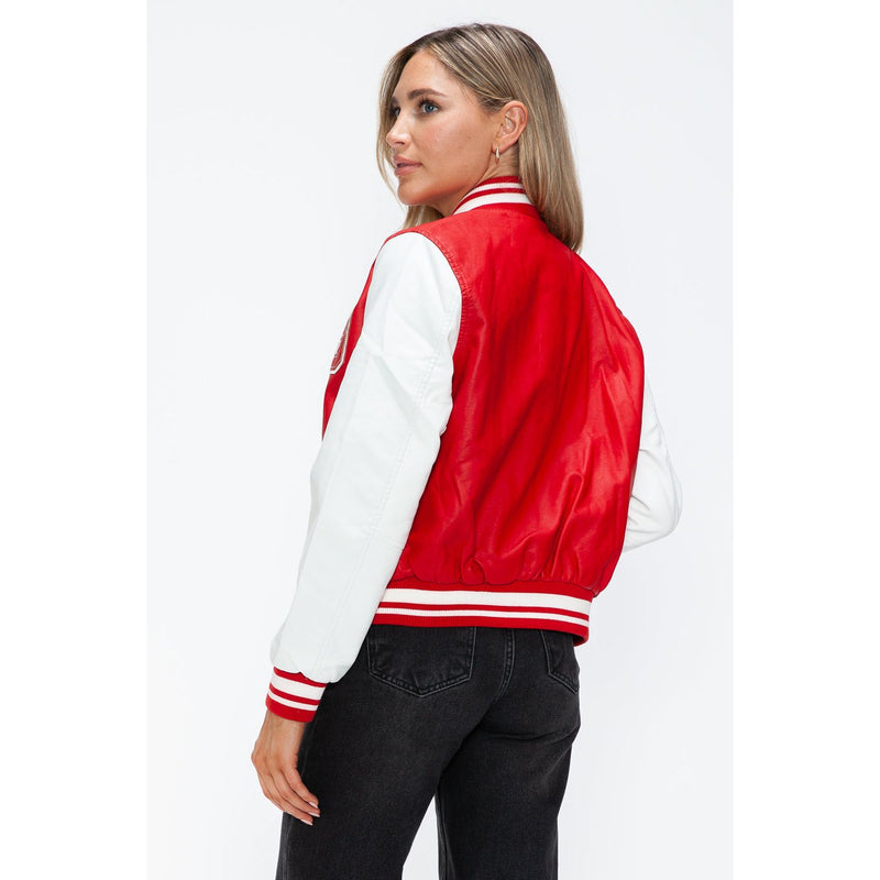 Love Me Now PU Leather Contrast Snap Down Bomber Jacket- Red