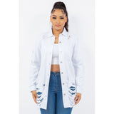 American Bazi Distressed Button Up Long Sleeve Denim Jacket- White