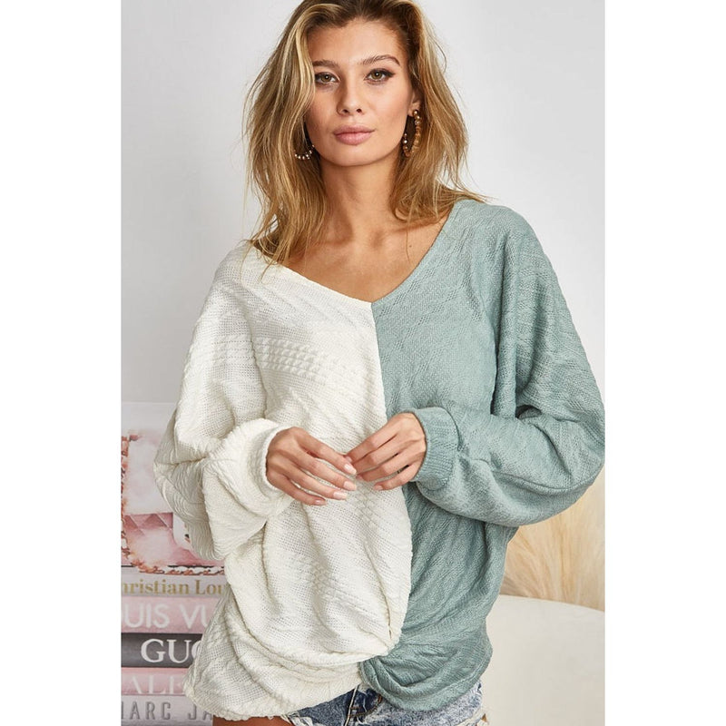BiBi Twist Front Contrast Cable Knit Top