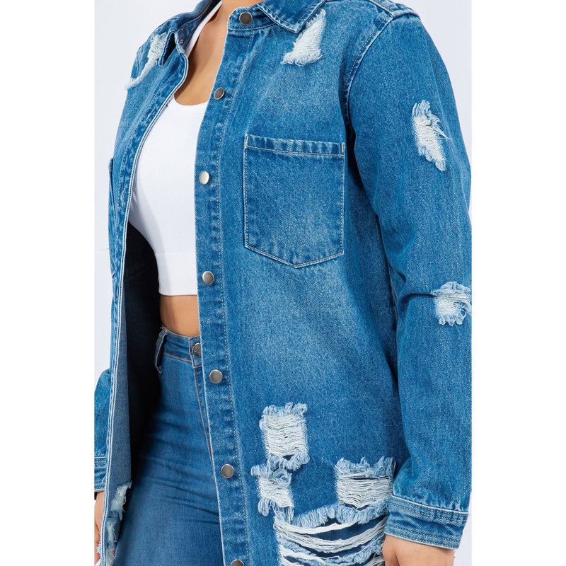 Distressed Button Up Long Sleeve Denim Jacket