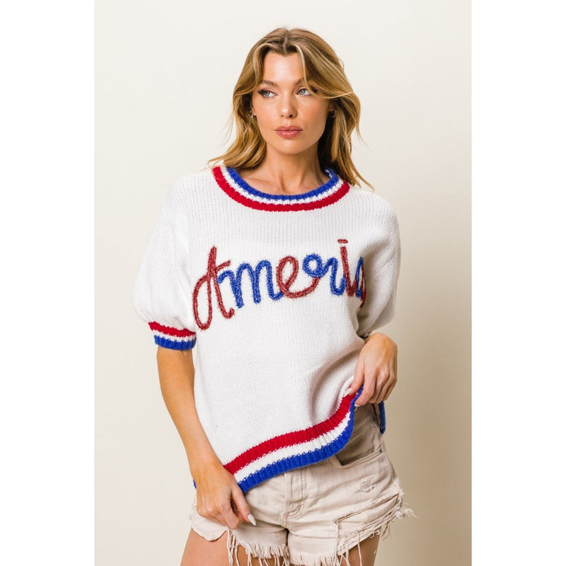 BiBi Metallic America Letter Short Sleeve Sweater - Spicie's Boutique