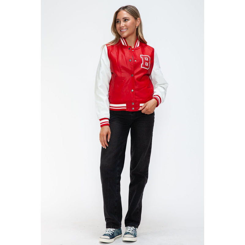 Love Me Now PU Leather Contrast Snap Down Bomber Jacket- Red