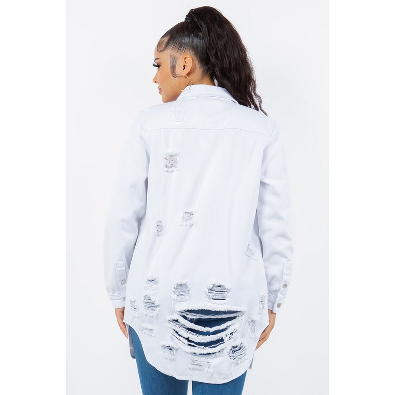 American Bazi Distressed Button Up Long Sleeve Denim Jacket- White