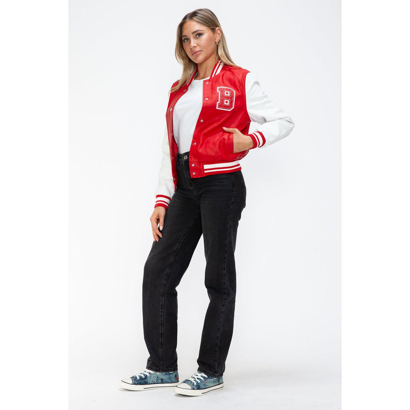 Love Me Now PU Leather Contrast Snap Down Bomber Jacket- Red