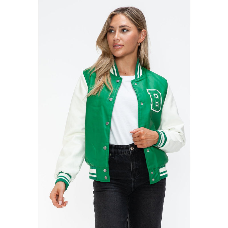 Love Me Now PU Leather Contrast Snap Down Bomber Jacket- Green