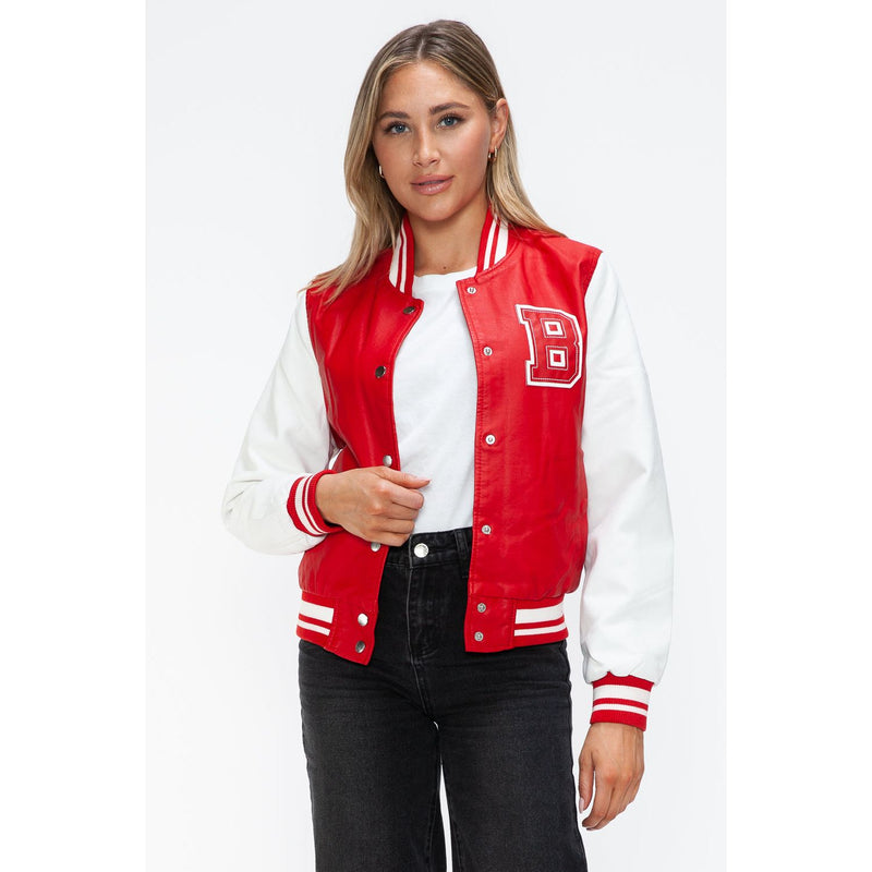 Love Me Now PU Leather Contrast Snap Down Bomber Jacket- Red
