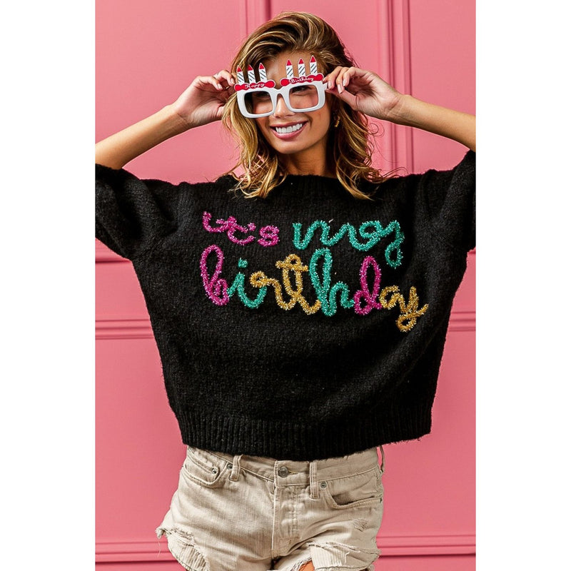 BiBi Metallic Letter Puff Sleeve Hairy Sweater - Spicie's Boutique