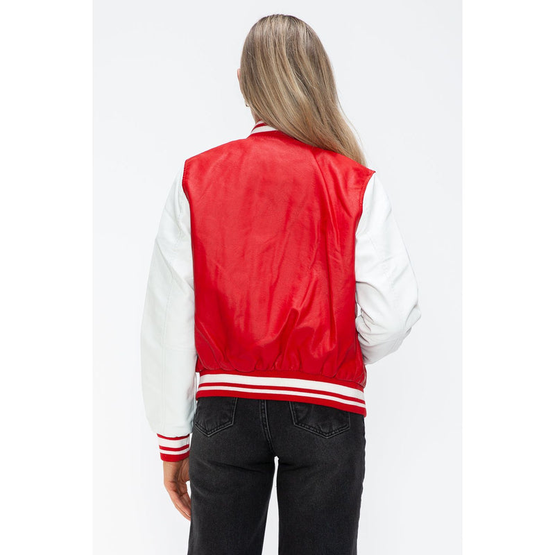 Love Me Now PU Leather Contrast Snap Down Bomber Jacket- Red