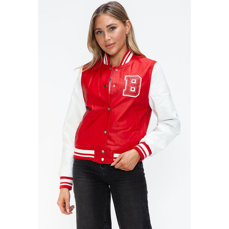 Love Me Now PU Leather Contrast Snap Down Bomber Jacket- Red