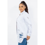 American Bazi Distressed Button Up Long Sleeve Denim Jacket- White