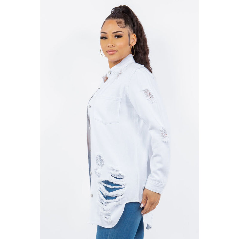 American Bazi Distressed Button Up Long Sleeve Denim Jacket- White