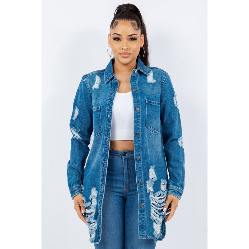 Distressed Button Up Long Sleeve Denim Jacket
