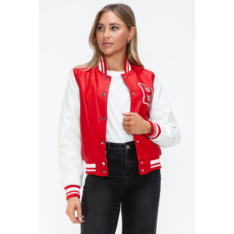 Love Me Now PU Leather Contrast Snap Down Bomber Jacket- Red