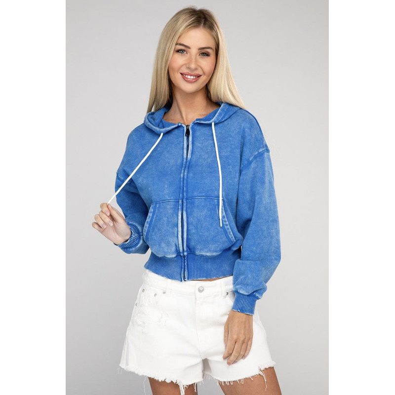 Acid Wash Fleece Cropped Zip-Up Hoodie - Spicie's Boutique