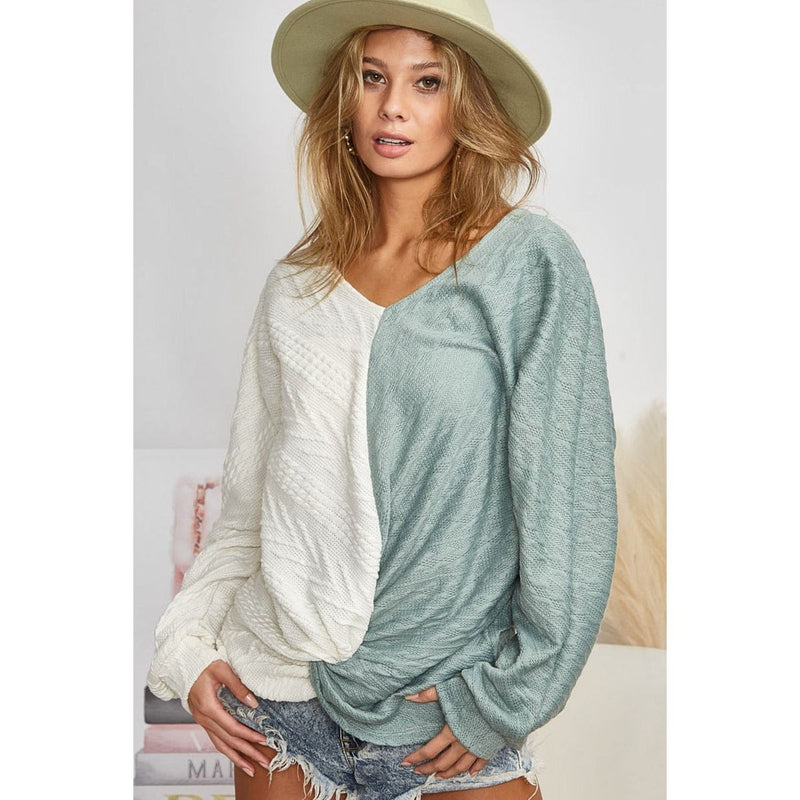 BiBi Twist Front Contrast Cable Knit Top