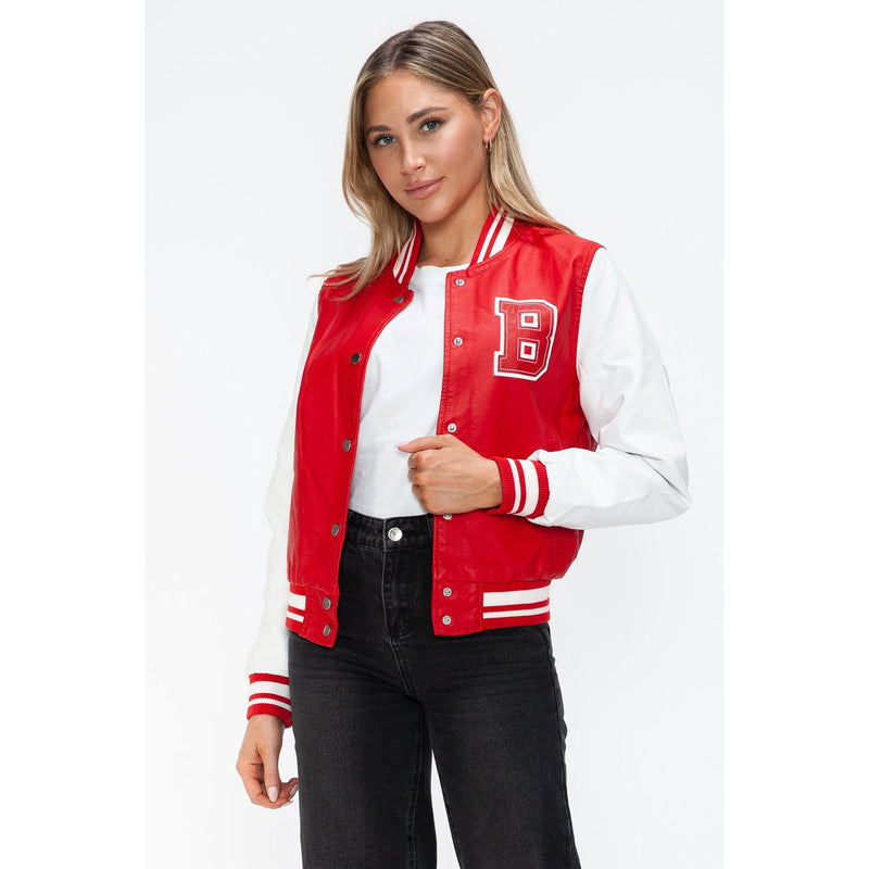 Love Me Now PU Leather Contrast Snap Down Bomber Jacket- Red
