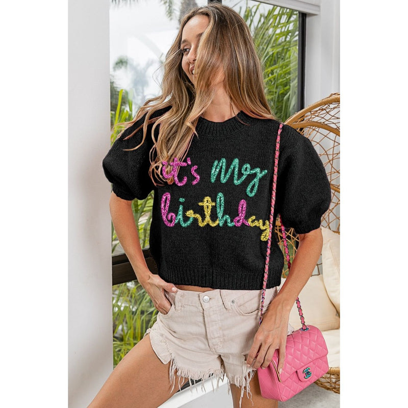 BiBi Metallic Letter Puff Sleeve Hairy Sweater - Spicie's Boutique