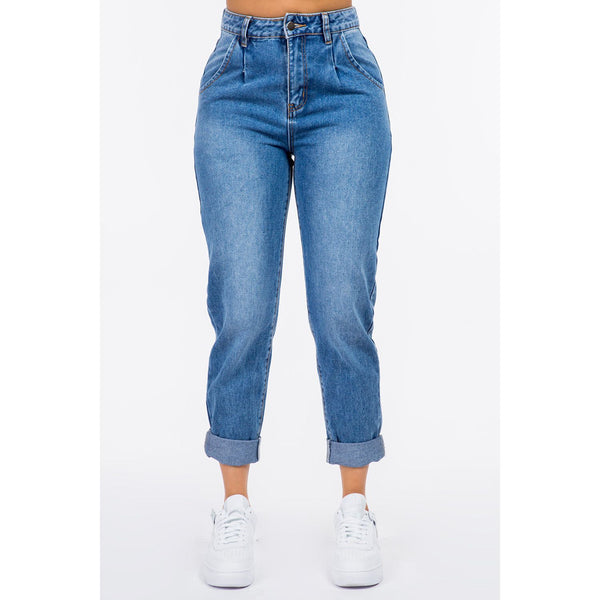 American Bazi High Waist Pleated Waist Mom Jeans - Spicie's Boutique