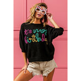 BiBi Metallic Letter Puff Sleeve Hairy Sweater - Spicie's Boutique