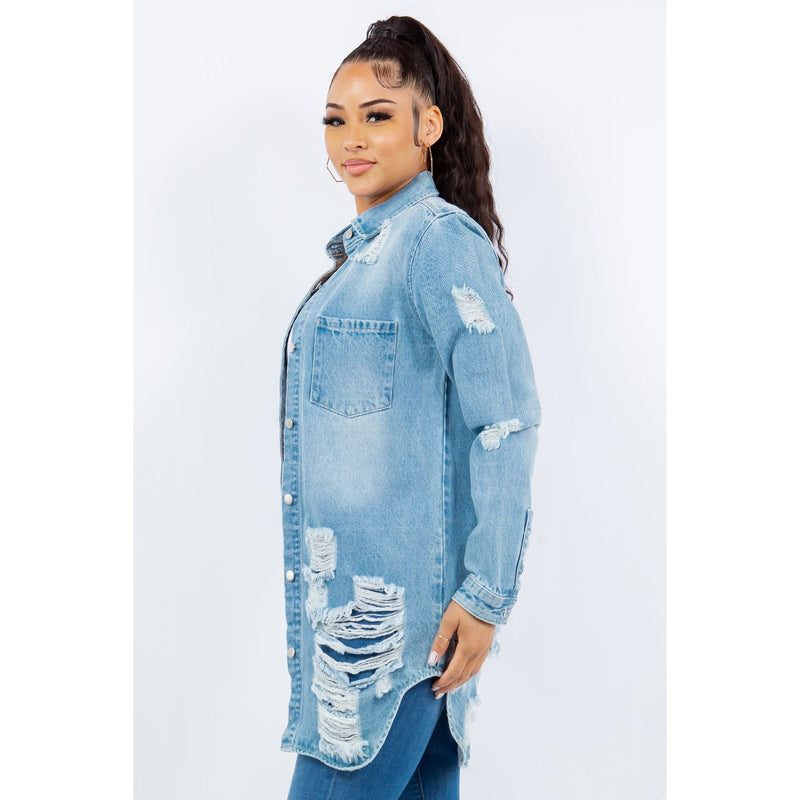 American Bazi Distressed Button Up Long Sleeve Denim Jacket