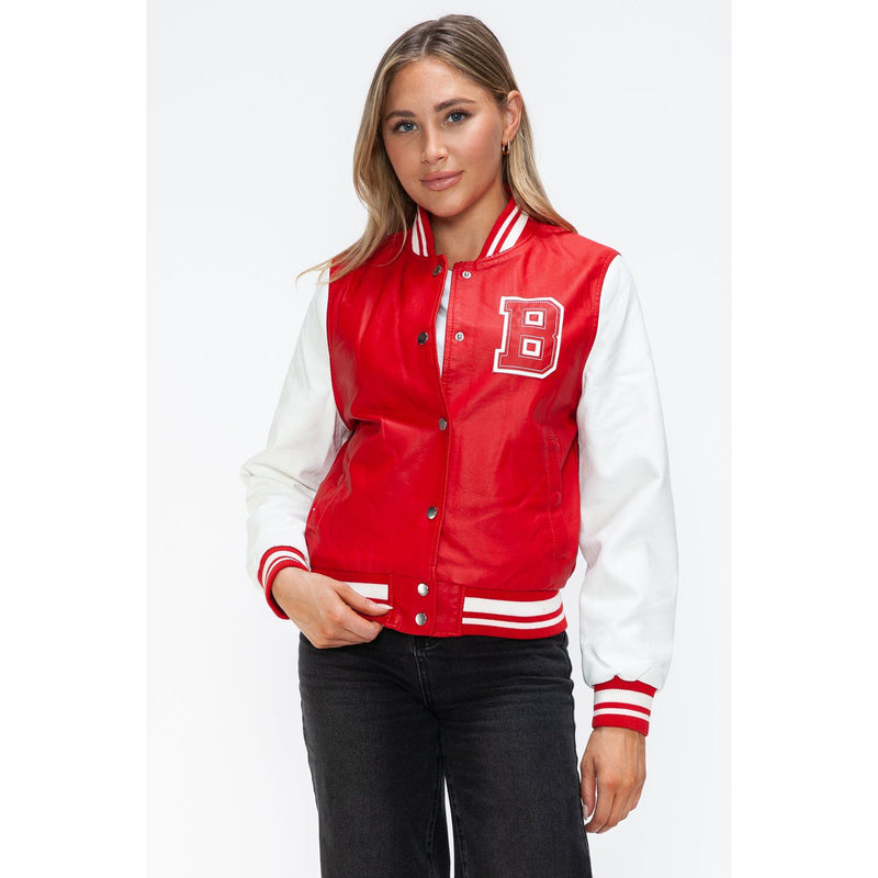 Love Me Now PU Leather Contrast Snap Down Bomber Jacket- Red